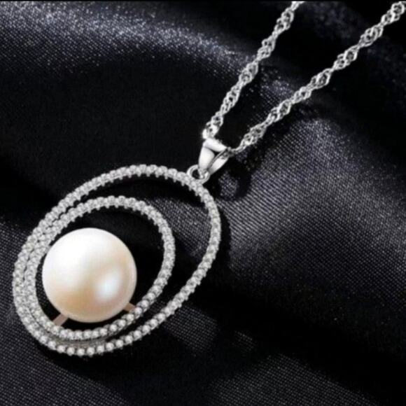 Natural Freshwater Pearl Necklace Pendant Double Layer Circle Zircon Silver NWT - Picture 10 of 11